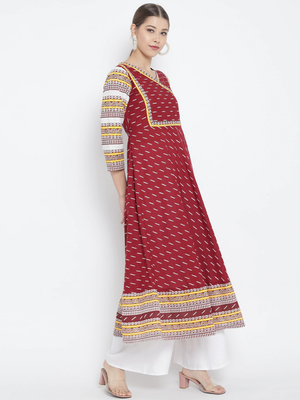 Women'S Cotton Ikat Printed Anarkali Kurti (Maroon) 3