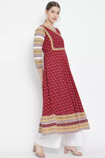 Women'S Cotton Ikat Printed Anarkali Kurti (Maroon)