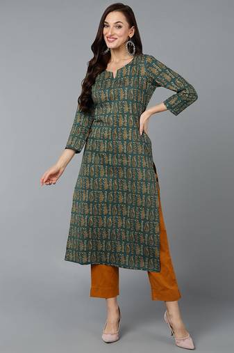 Women teal printed cotton ethnic kurti