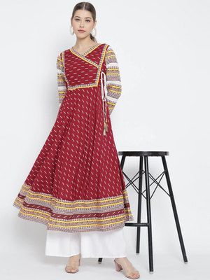 Women'S Cotton Ikat Printed Anarkali Kurti (Maroon) 4