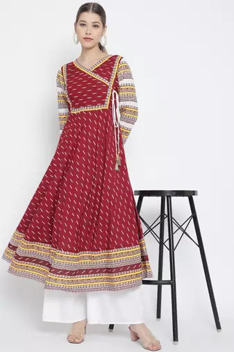 Women'S Cotton Ikat Printed Anarkali Kurti (Maroon)