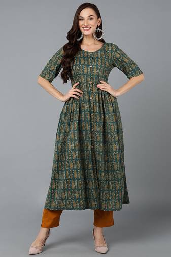 Women teal printed cotton ethnic kurti