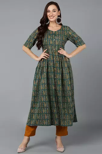 Women teal printed cotton ethnic kurti