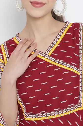 Women'S Cotton Ikat Printed Anarkali Kurti (Maroon)