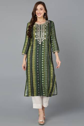 Women green printed rayon ethnic kurti