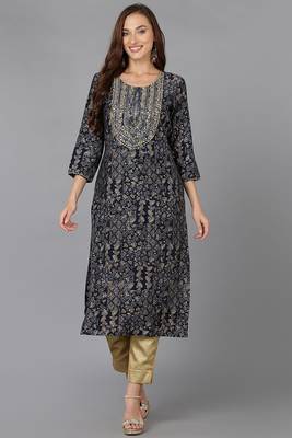 Women navy-blue embroidered cotton ethnic kurti 1