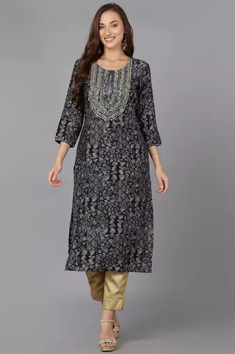 Women navy-blue embroidered cotton ethnic kurti