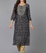 Women navy-blue embroidered cotton ethnic kurti