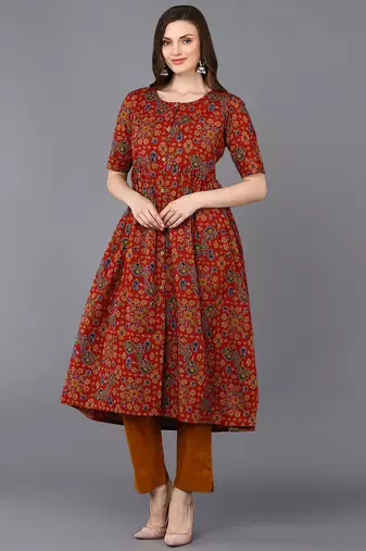 Women red printed cotton ethnic kurti