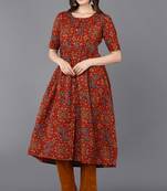 Women red printed cotton ethnic kurti