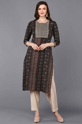 Women black printed rayon ethnic kurti