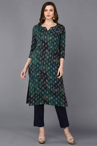 Women blue printed silk ethnic kurti