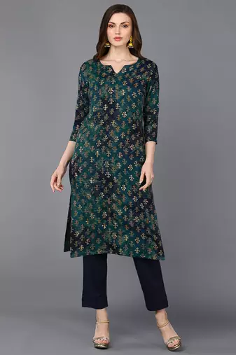 Women blue printed silk ethnic kurti