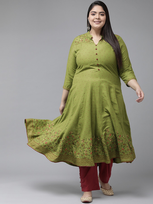 Women'S Plus Size Rayon Floral Printed Anarkali Kurti (Green) 1