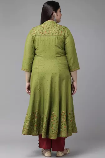 Women'S Plus Size Rayon Floral Printed Anarkali Kurti (Green)
