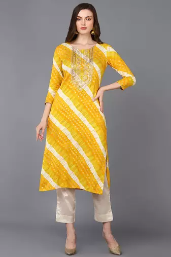 Women yellow printed rayon ethnic kurti
