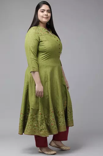 Women'S Plus Size Rayon Floral Printed Anarkali Kurti (Green)
