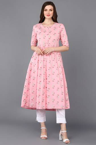 Women pink printed cotton ethnic kurti
