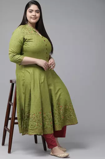 Women'S Plus Size Rayon Floral Printed Anarkali Kurti (Green)