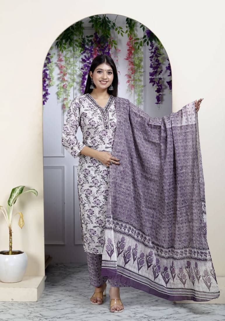 Cotton Embroidered Sky Blue Kurta Set For Women