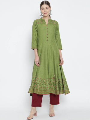 Women'S Rayon Floral Printed Anarkali Kurti (Green) 1