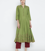Women'S Rayon Floral Printed Anarkali Kurti (Green)