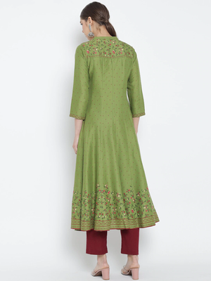 Women'S Rayon Floral Printed Anarkali Kurti (Green) 2