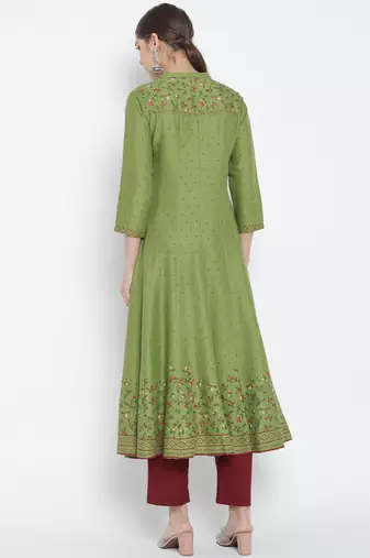 Women'S Rayon Floral Printed Anarkali Kurti (Green)