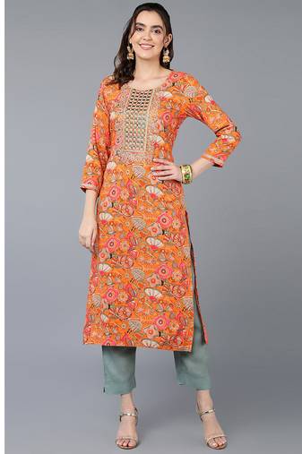 Women orange printed rayon ethnic kurti