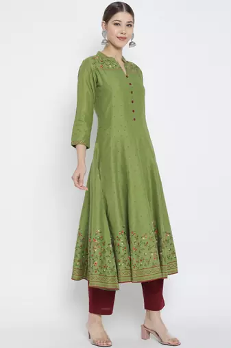 Women'S Rayon Floral Printed Anarkali Kurti (Green)
