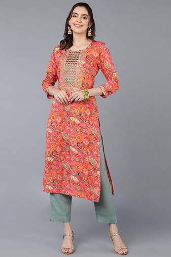 Women pink printed rayon ethnic kurti