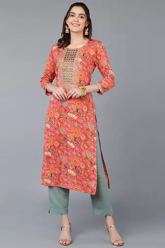 Women pink printed rayon ethnic kurti