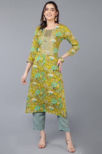 Women green printed rayon ethnic kurti