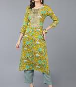 Women green printed rayon ethnic kurti