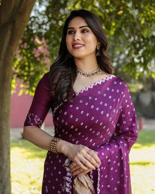 Koram Purple Bandhej Silk Sarees Kanchi Borders And Contrast Zari Weaving Borders Saree With Blouse For Women 1