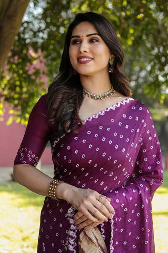 Koram Purple Bandhej Silk Sarees Kanchi Borders And Contrast Zari Weaving Borders Saree With Blouse For Women