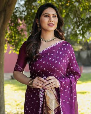 Koram Purple Bandhej Silk Sarees Kanchi Borders And Contrast Zari Weaving Borders Saree With Blouse For Women 2
