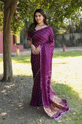 Koram Purple Bandhej Silk Sarees Kanchi Borders And Contrast Zari Weaving Borders Saree With Blouse For Women 4