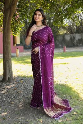 Koram Purple Bandhej Silk Sarees Kanchi Borders And Contrast Zari Weaving Borders Saree With Blouse For Women 5