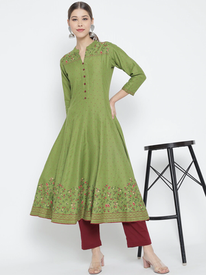Women'S Rayon Floral Printed Anarkali Kurti (Green) 4