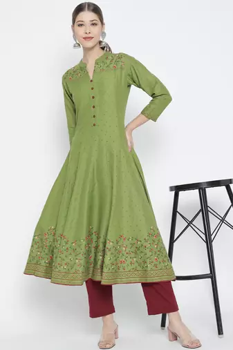Women'S Rayon Floral Printed Anarkali Kurti (Green)