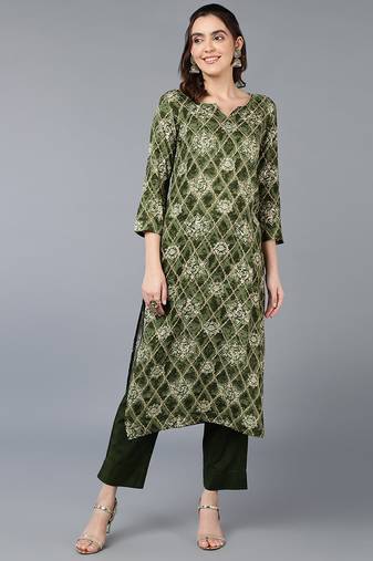 Women green printed rayon ethnic kurti