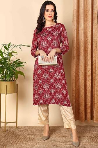 Women maroon printed rayon ethnic kurti
