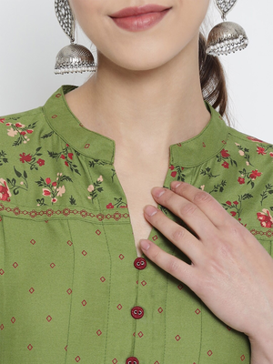 Women'S Rayon Floral Printed Anarkali Kurti (Green) 5