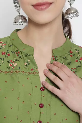Women'S Rayon Floral Printed Anarkali Kurti (Green)