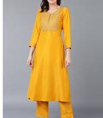 Women mustard embroidered silk ethnic kurti