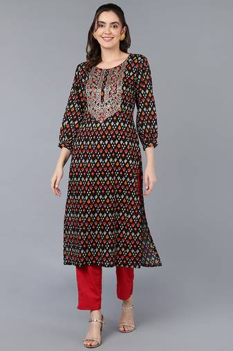Women black printed cotton ethnic kurti