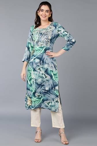 Women blue printed rayon ethnic kurti