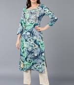 Women blue printed rayon ethnic kurti