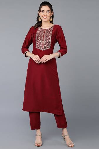 Women maroon embroidered silk ethnic kurti